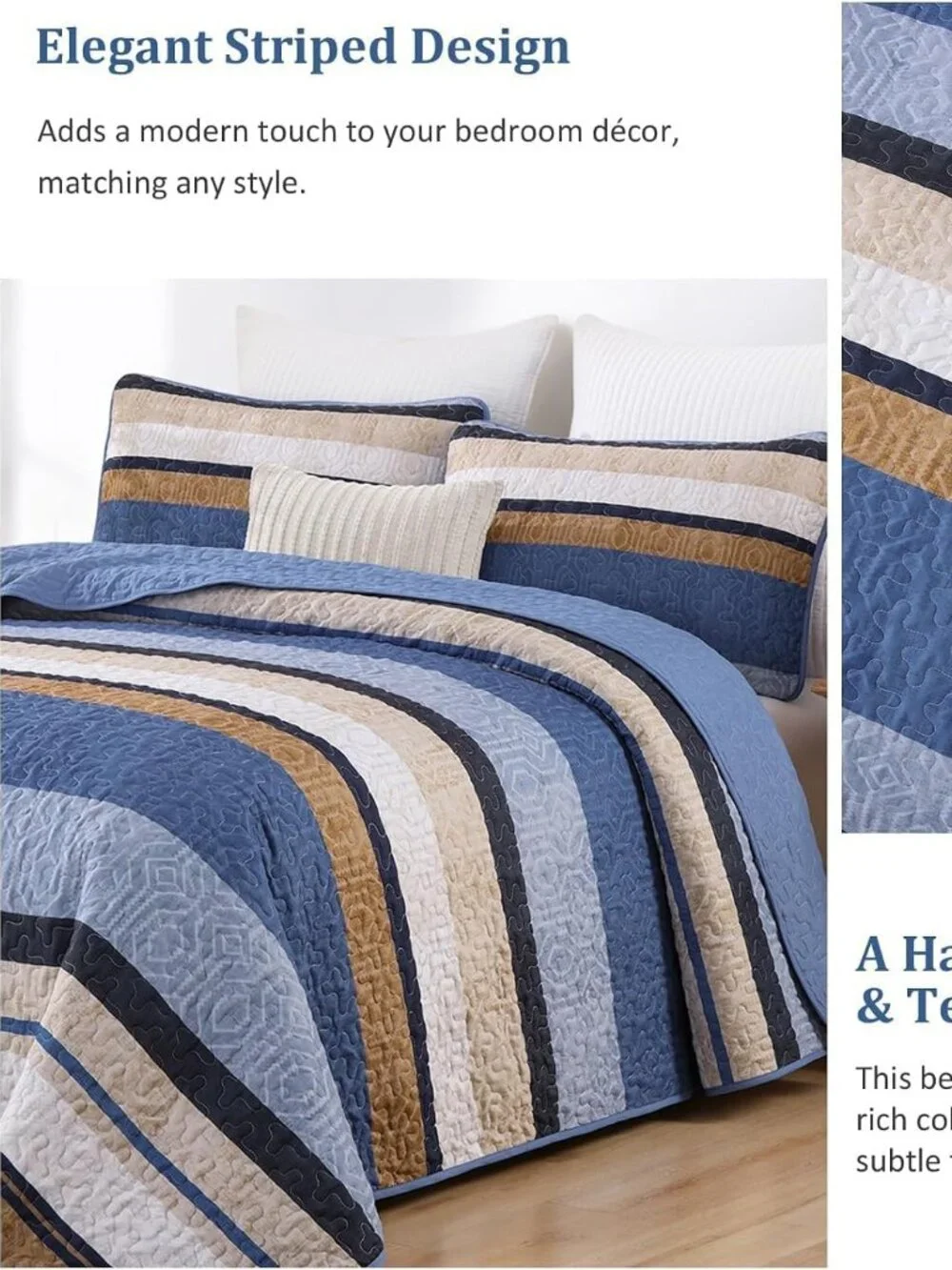 Boho Blue Striped All-Season 3-Piece Quilt Bedding Set